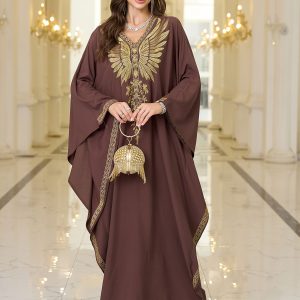 Kimono abaya femme brodée, col V, manches chauve-souris chic.
