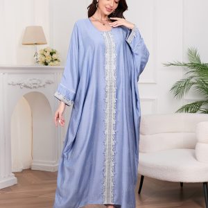 Kimono abaya femme, manches longues, strass, col rond