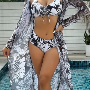 Bikini 3 pièces tropical avec paréo maille, manches longues.