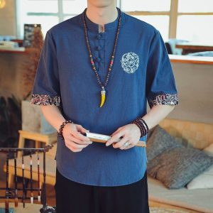 chemise kimono japonais en lin bleu