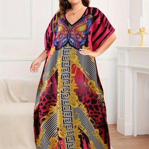 Kimono abaya grande taille rayé, col V et coupe chauve-souris