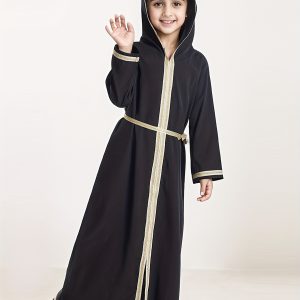 Kimono Abaya fille à Capuche Traditionnelle du Moyen-Orient | Bordure Dorée & Détail Ceinture | Lavable en Machine | Tenue Décontractée