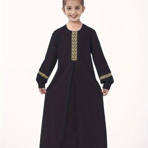 Kimono Abaya Fille à Manches Longues - Noir avec Broderie Dorée, Fermeture Éclair, Col Rond, Toutes Saisons.